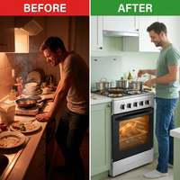 20" Free Standing Gas Stove Oven Range,4 Burner LPG Cooktop with 65L Oven, 201 Stainless Steel Body, Double Layer Mirror Surface Tempered Glass Door, Compact Design for Kitchen (NG-LPG Conversion Kit) — Before & After