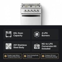 20" Free Standing Gas Stove Oven Range,4 Burner LPG Cooktop with 65L Oven, 201 Stainless Steel Body, Double Layer Mirror Surface Tempered Glass Door, Compact Design for Kitchen (NG-LPG Conversion Kit) — Results & Stats
