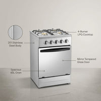 20" Free Standing Gas Stove Oven Range,4 Burner LPG Cooktop with 65L Oven, 201 Stainless Steel Body, Double Layer Mirror Surface Tempered Glass Door, Compact Design for Kitchen (NG-LPG Conversion Kit) — infographic