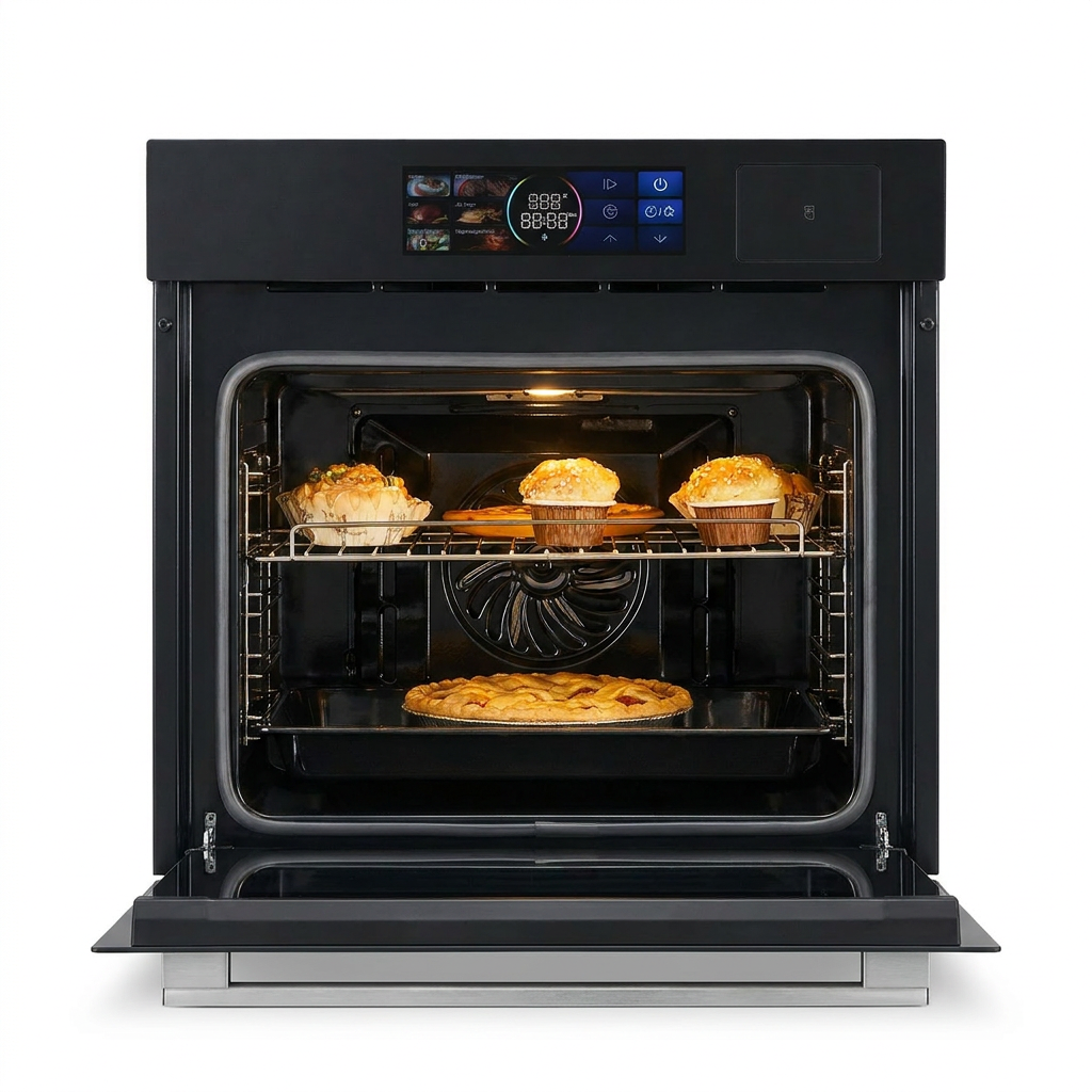 24" Single Wall Oven: Stainless Steel, Black, ETL Certified, 70L Built-In Electric, 3000W Power, 8 Cooking Functions & 108 Automatic Recipes, Led Touch Control — Studio Shot
