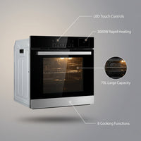 24" Single Wall Oven: Stainless Steel, Black, ETL Certified, 70L Built-In Electric, 3000W Power, 8 Cooking Functions & 108 Automatic Recipes, Led Touch Control — infographic