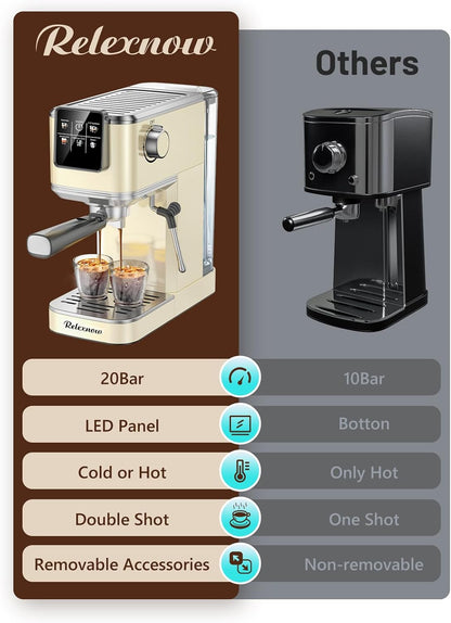 Espresso Machine, 20 Bar Espresso Maker Milk Frother & LCD Panel, Hot & Iced Coffee Machine, Stainless Steel Espresso Coffee Machine with 41Oz Water Tank for Cappuccino, Latte