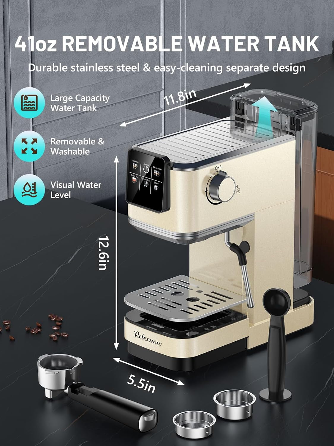 Espresso Machine, 20 Bar Espresso Maker Milk Frother & LCD Panel, Hot & Iced Coffee Machine, Stainless Steel Espresso Coffee Machine with 41Oz Water Tank for Cappuccino, Latte