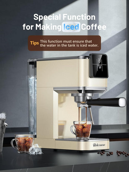 Espresso Machine, 20 Bar Espresso Maker Milk Frother & LCD Panel, Hot & Iced Coffee Machine, Stainless Steel Espresso Coffee Machine with 41Oz Water Tank for Cappuccino, Latte