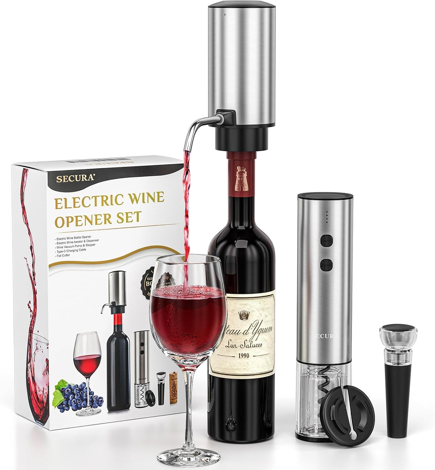 Rechargeable Electric Wine Opener Set, 4-In-1 Wine Set with Electric Corkscrew Wine Opener, Electric Wine Aerator & Dispenser, Foil Cutter, Vacuum Wine Stopper for Wine Lovers, Silver