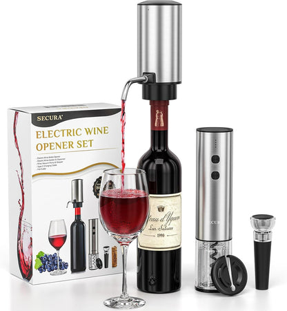 Rechargeable Electric Wine Opener Set, 4-In-1 Wine Set with Electric Corkscrew Wine Opener, Electric Wine Aerator & Dispenser, Foil Cutter, Vacuum Wine Stopper for Wine Lovers, Silver