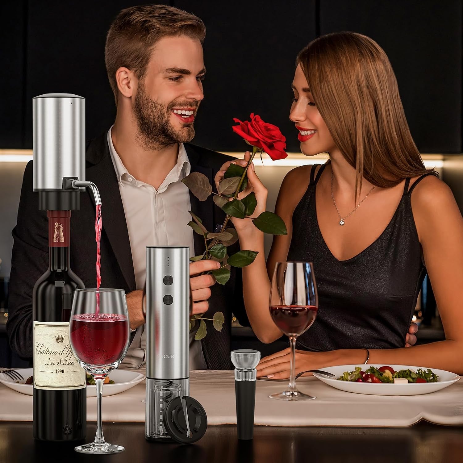 Rechargeable Electric Wine Opener Set, 4-In-1 Wine Set with Electric Corkscrew Wine Opener, Electric Wine Aerator & Dispenser, Foil Cutter, Vacuum Wine Stopper for Wine Lovers, Silver