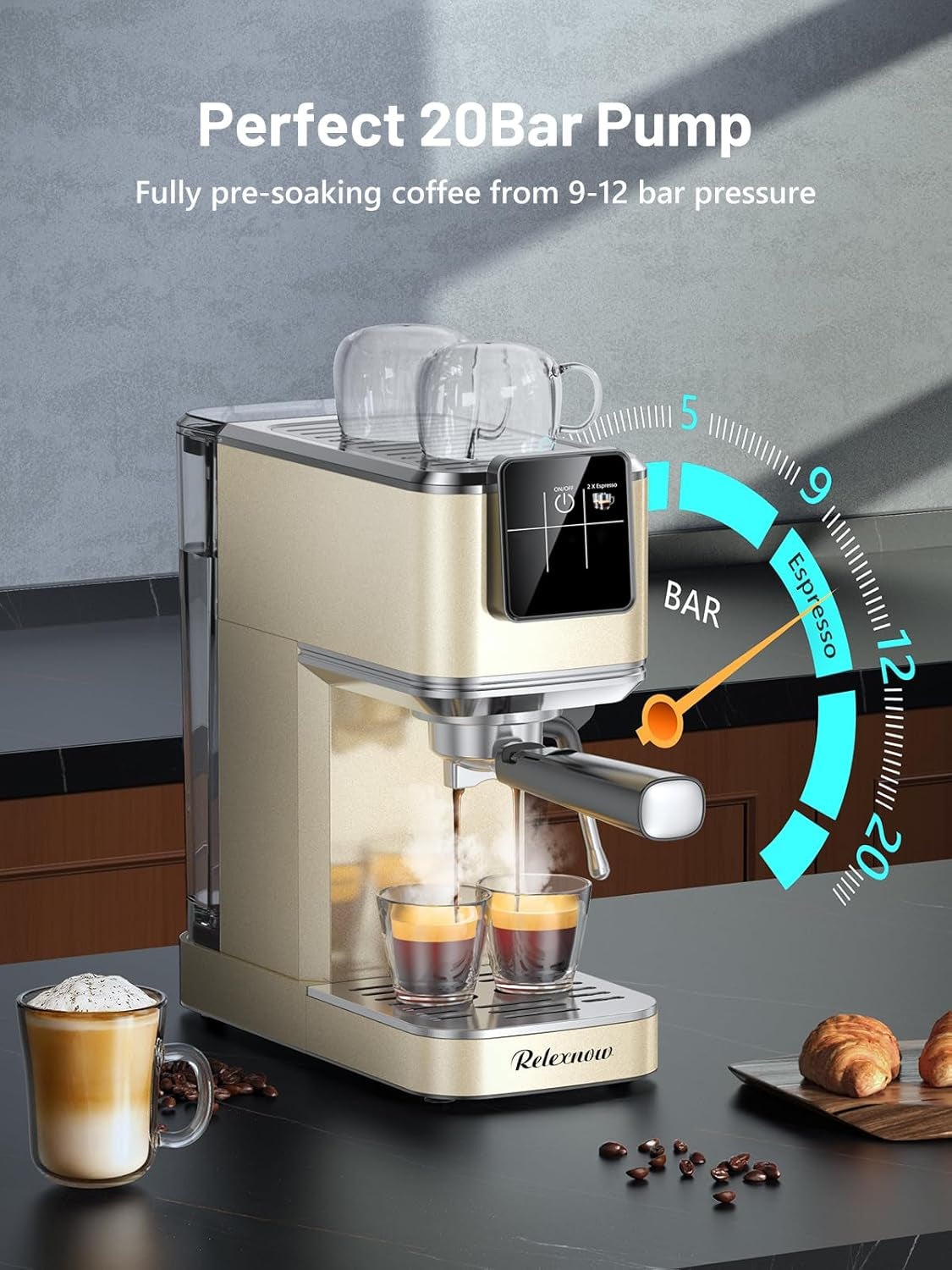 Espresso Machine, 20 Bar Espresso Maker Milk Frother & LCD Panel, Hot & Iced Coffee Machine, Stainless Steel Espresso Coffee Machine with 41Oz Water Tank for Cappuccino, Latte