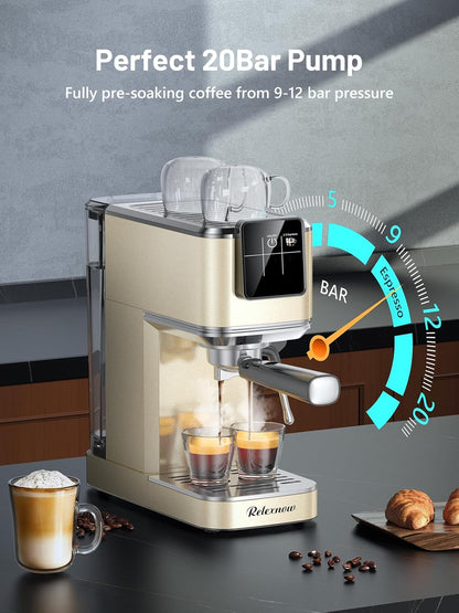 Espresso Machine, 20 Bar Espresso Maker Milk Frother & LCD Panel, Hot & Iced Coffee Machine, Stainless Steel Espresso Coffee Machine with 41Oz Water Tank for Cappuccino, Latte
