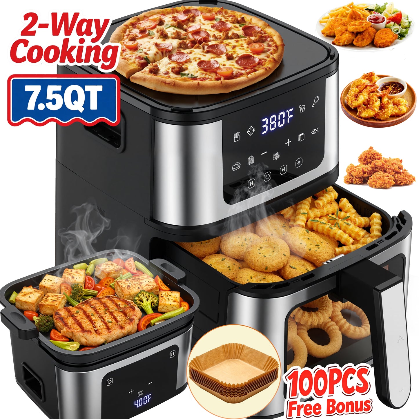 7.5QT 10-In-1 Air Fryer Oven with Grill Plate, LCD Digital Control, Clear-View Window, Air Fryer for Roasting, Baking, Reheating Healthy Meals, Nonstick Basket Air Fryer