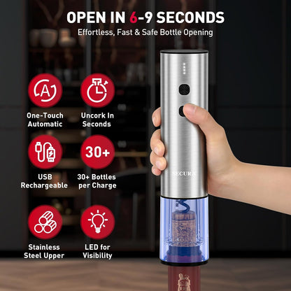 Rechargeable Electric Wine Opener Set, 4-In-1 Wine Set with Electric Corkscrew Wine Opener, Electric Wine Aerator & Dispenser, Foil Cutter, Vacuum Wine Stopper for Wine Lovers, Silver