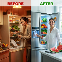 French Door Refrigerator Built for Modern Kitchens, 20 Cu Ft Capacity, Dual Ice Maker, Smart Temperature Control — Before & After