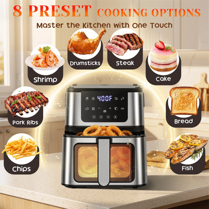 7.5QT 10-In-1 Air Fryer Oven with Grill Plate, LCD Digital Control, Clear-View Window, Air Fryer for Roasting, Baking, Reheating Healthy Meals, Nonstick Basket Air Fryer