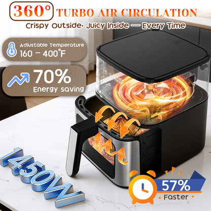 7.5QT 10-In-1 Air Fryer Oven with Grill Plate, LCD Digital Control, Clear-View Window, Air Fryer for Roasting, Baking, Reheating Healthy Meals, Nonstick Basket Air Fryer