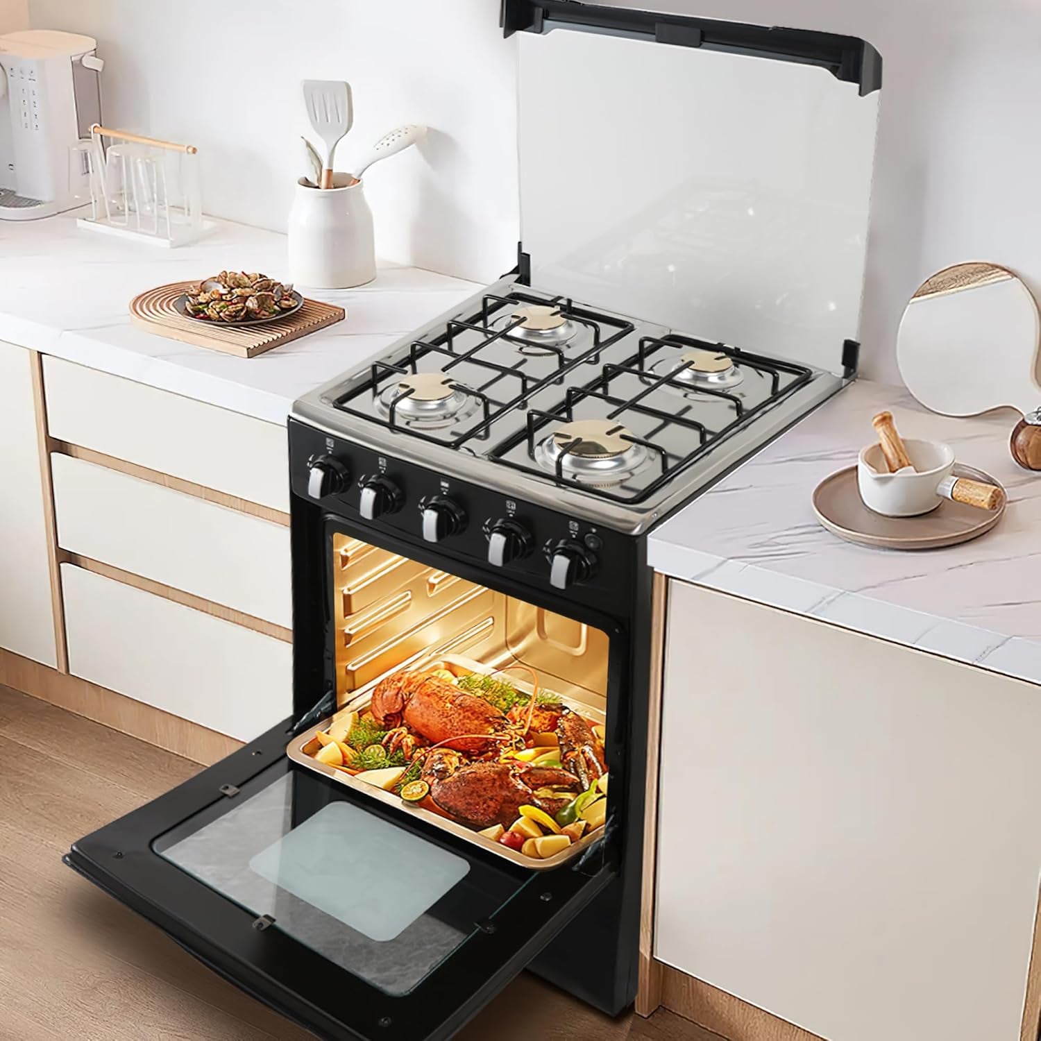 Gas Range with Double-Layer Glass Door, 4 Burners, Cast Iron Rack, 60L Capacity, Dedicated LPG