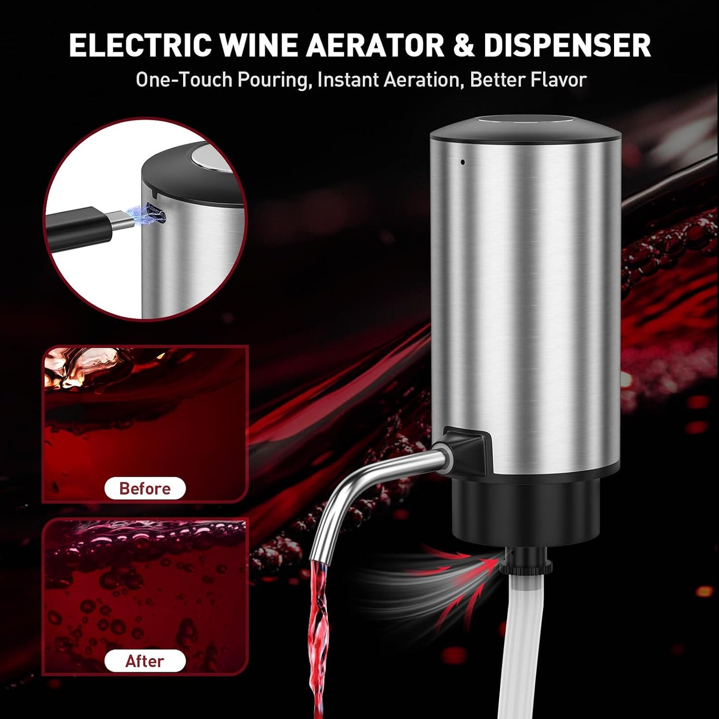 Rechargeable Electric Wine Opener Set, 4-In-1 Wine Set with Electric Corkscrew Wine Opener, Electric Wine Aerator & Dispenser, Foil Cutter, Vacuum Wine Stopper for Wine Lovers, Silver
