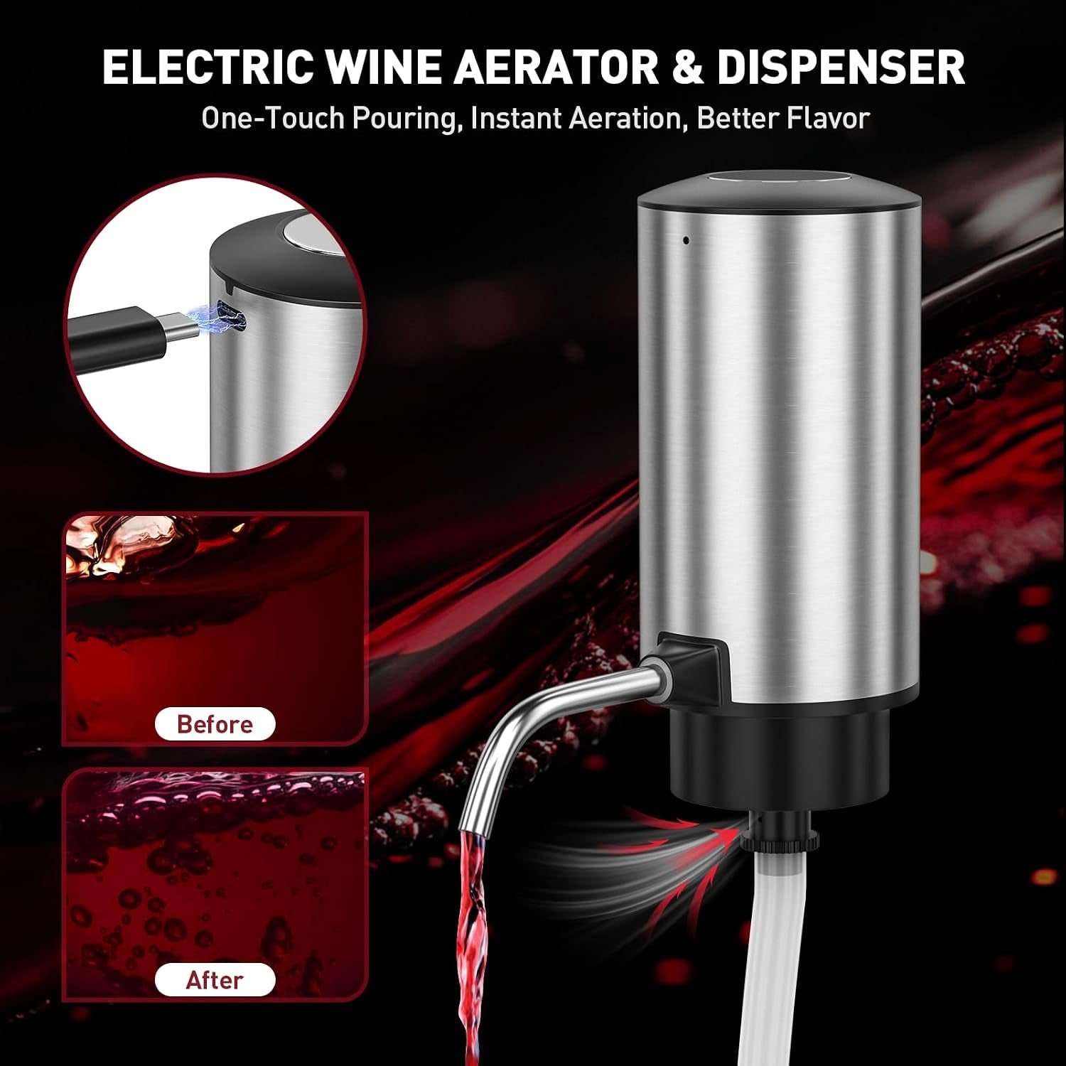 Rechargeable Electric Wine Opener Set, 4-In-1 Wine Set with Electric Corkscrew Wine Opener, Electric Wine Aerator & Dispenser, Foil Cutter, Vacuum Wine Stopper for Wine Lovers, Silver
