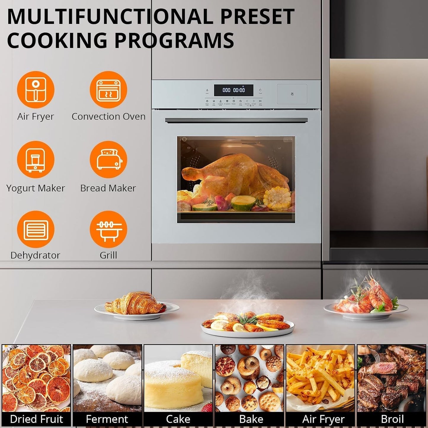 Single Wall Oven 24" Built-In Electric Ovens with 10 Functions, 3000W, 240V, 2.5Cu.F Convection Wall Oven in Stainless Steel, Touch Control, Timer, Safety Lock, ETL Certified