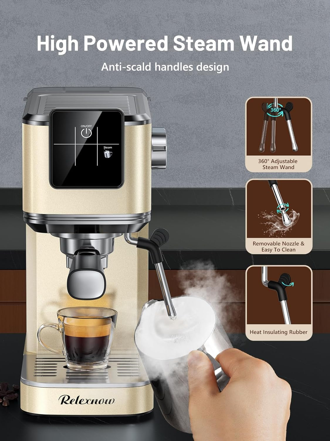 Espresso Machine, 20 Bar Espresso Maker Milk Frother & LCD Panel, Hot & Iced Coffee Machine, Stainless Steel Espresso Coffee Machine with 41Oz Water Tank for Cappuccino, Latte