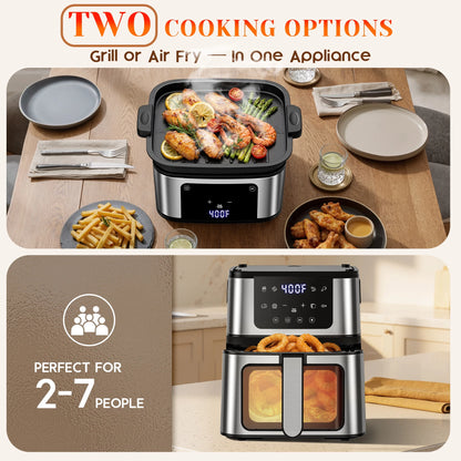 7.5QT 10-In-1 Air Fryer Oven with Grill Plate, LCD Digital Control, Clear-View Window, Air Fryer for Roasting, Baking, Reheating Healthy Meals, Nonstick Basket Air Fryer
