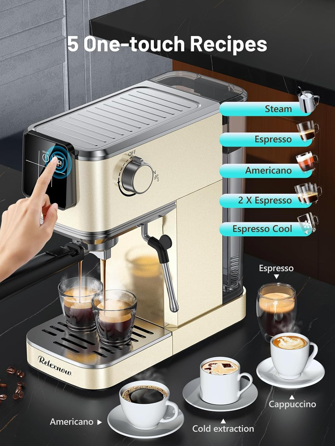 Espresso Machine, 20 Bar Espresso Maker Milk Frother & LCD Panel, Hot & Iced Coffee Machine, Stainless Steel Espresso Coffee Machine with 41Oz Water Tank for Cappuccino, Latte