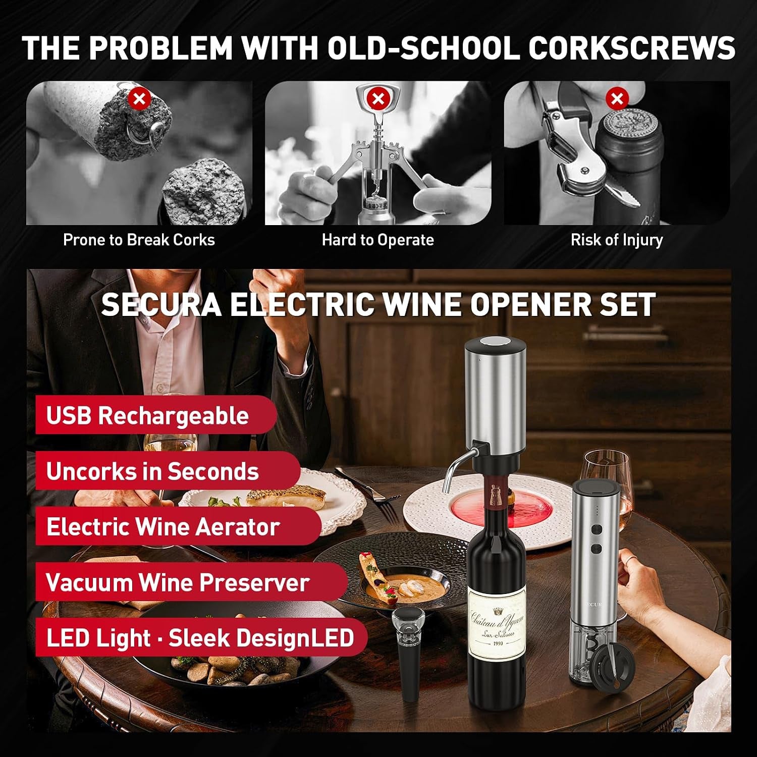 Rechargeable Electric Wine Opener Set, 4-In-1 Wine Set with Electric Corkscrew Wine Opener, Electric Wine Aerator & Dispenser, Foil Cutter, Vacuum Wine Stopper for Wine Lovers, Silver