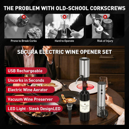 Rechargeable Electric Wine Opener Set, 4-In-1 Wine Set with Electric Corkscrew Wine Opener, Electric Wine Aerator & Dispenser, Foil Cutter, Vacuum Wine Stopper for Wine Lovers, Silver
